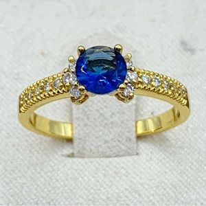 NEW  gold plated blue sapphire glass cocktail ring with clear side stones size 7